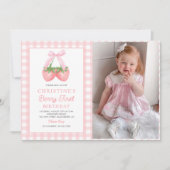 Berry First Strawberry Pink Bow 1st Birthday Foto Kaart (Voorkant)