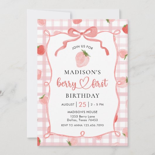 Berry First Strawberry Pink Gingham 1e verjaardag Kaart (Voorkant)