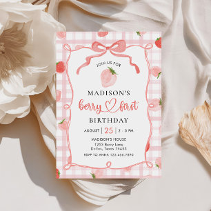 Berry First Strawberry Pink Gingham 1e verjaardag Kaart