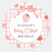 Berry First Strawberry Pink Gingham 1e verjaardag Ronde Sticker (Voorkant)