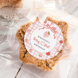 Berry First Strawberry Pink Gingham 1e verjaardag Ronde Sticker