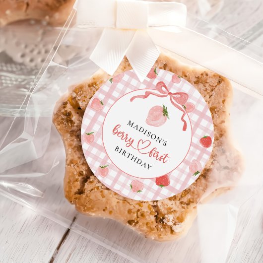 Berry First Strawberry Pink Gingham 1e verjaardag Ronde Sticker