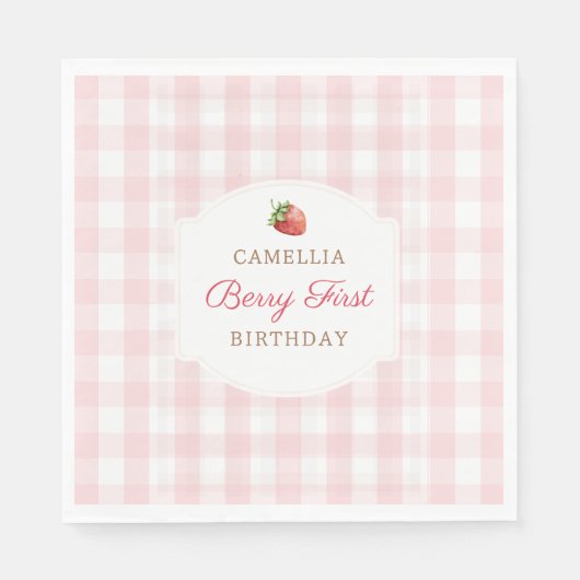 Berry First Strawberry Pink Gingham Birthday Party Servet (Voorkant)