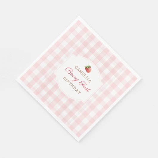 Berry First Strawberry Pink Gingham Birthday Party Servet (Hoek)