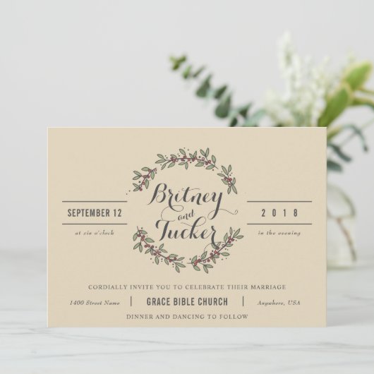 Berry Green Laurel Vintage Wedding Uitnodiging (Staand voorkant)
