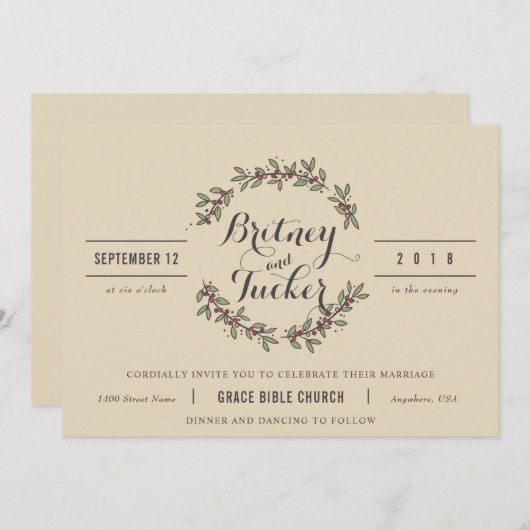 Berry Green Laurel Vintage Wedding Uitnodiging (Voorkant / Achterkant)