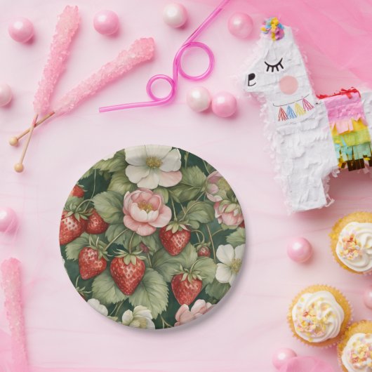 "Berry in Love" Bloemen en Aardbei Papieren Bordje (Feest)