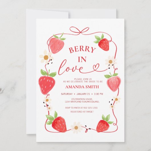 Berry In Love Red Bow Bridal Shower Invitation Kaart (Voorkant)