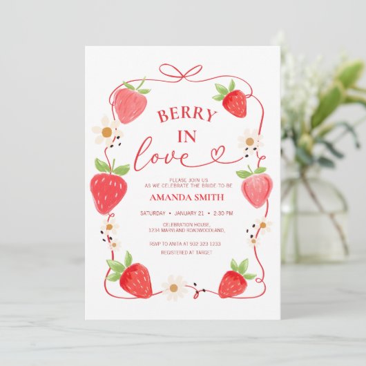  Berry In Love Red Bow Bridal Shower Invitation Kaart (Staand voorkant)