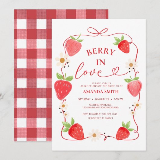  Berry In Love Red Bow Bridal Shower Invitation Kaart (Voorkant / Achterkant)