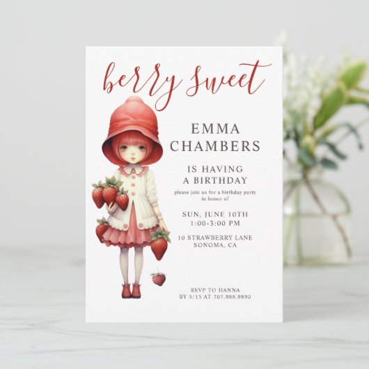 Berry Lief Meisje Verjaardagsfeestuitnodiging Kaart (Staand voorkant)