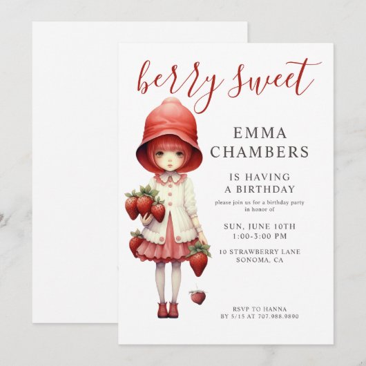 Berry Lief Meisje Verjaardagsfeestuitnodiging Kaart (Voorkant / Achterkant)