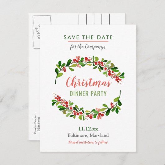 Berry Merry Christmas Dinner | Feestdag Aankondigingskaart (Voorkant / Achterkant)