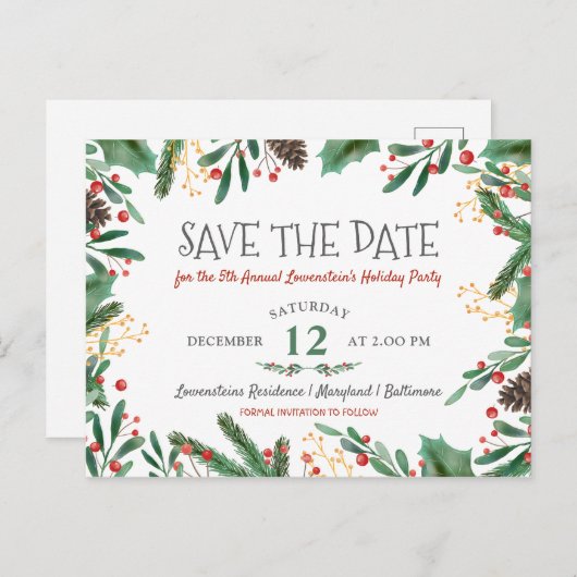 Berry Merry kerstfeestdag opslaat datum Aankondigingskaart (Voorkant / Achterkant)