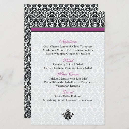 Berry Paars, Black, White Damask Menu Kaart (Voorkant / Achterkant)