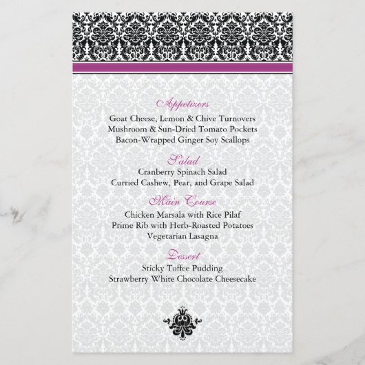Berry Paars, Black, White Damask Menu Kaart (Voorkant)