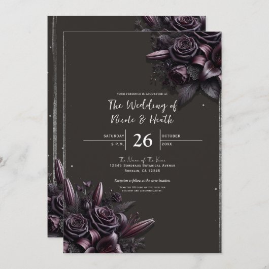 Berry Paarse & Zwarte Lelie Roos Bloemen Huwelijk Kaart (Voorkant / Achterkant)