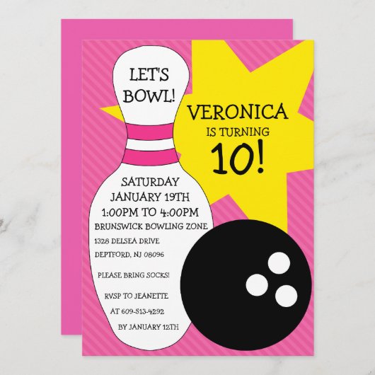 Berry Pink Bowling Bash Bowling Birthday Party Kaart (Voorkant / Achterkant)