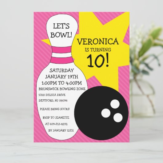 Berry Pink Bowling Bash Bowling Birthday Party Kaart (Staand voorkant)