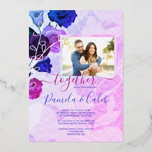 Berry Pink, Bright Royal Blue Roos Garden Wedding Folie Uitnodiging (Voorkant)