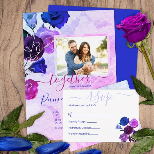 Berry Pink, Bright Royal Blue Roos Garden Wedding Folie Uitnodiging