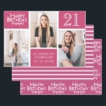 Berry Pink Foto Collage 21st Birthday Inpakpapier Vel<br><div class="desc">Verpak die cadeaus in stijl met dit gecoördineerde verjaardagspapierpakket. Het eerste vel is voorzien van een trendy fotocollage met ruimte voor drie foto's. U kunt de naam toevoegen van de persoon die zijn verjaardag viert, evenals zijn leeftijd en verjaardagsdatum. Het tweede vel is een coördinerende streep. Het derde vel is...</div>