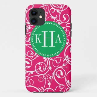 Berry Pink & Kelly Green Damask Monogram Patroon Case-Mate iPhone Case