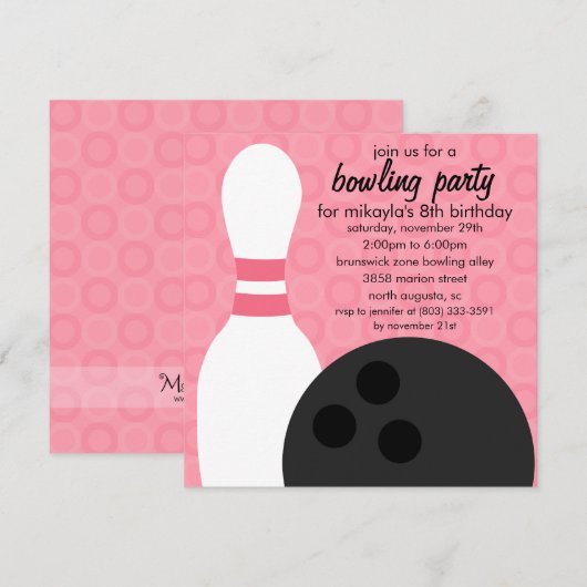 Berry Pink Pin Pals Bowling Birthday Party Kaart (Voorkant / Achterkant)