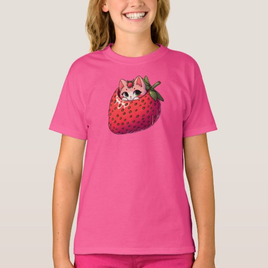 Berry Purrection: Roze kat in een aardbei T-shirt (Voorkant)