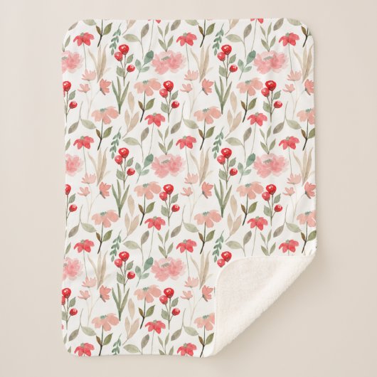 Berry Red Blush Roze Bloemen Patroon Sherpa Deken (Voorkant)
