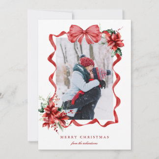 Berry Red Bow Frame Photo Christmas Holiday Card Feestdagenkaart