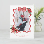 Berry Red Bow Frame Photo Christmas Holiday Card Feestdagenkaart (Staand voorkant)