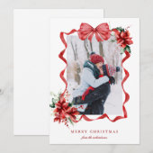 Berry Red Bow Frame Photo Christmas Holiday Card Feestdagenkaart (Voorkant / Achterkant)