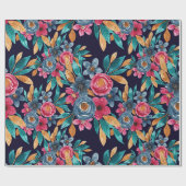 Berry Red Navy Mustard Waterverf Flowers Art Cadeaupapier (Vlak)