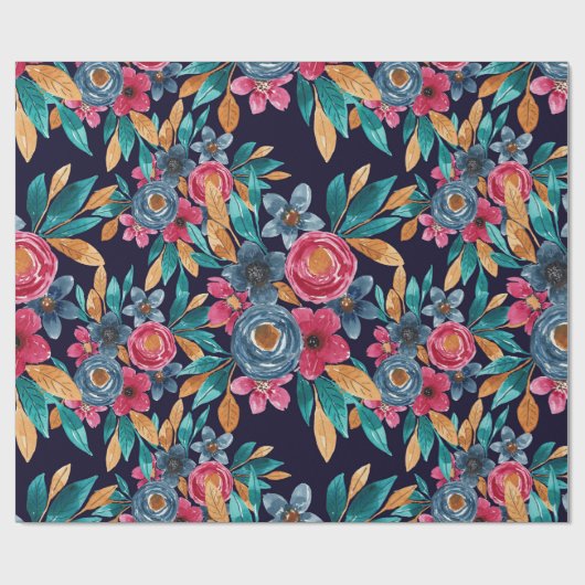 Berry Red Navy Mustard Waterverf Flowers Art Cadeaupapier (Vlak)