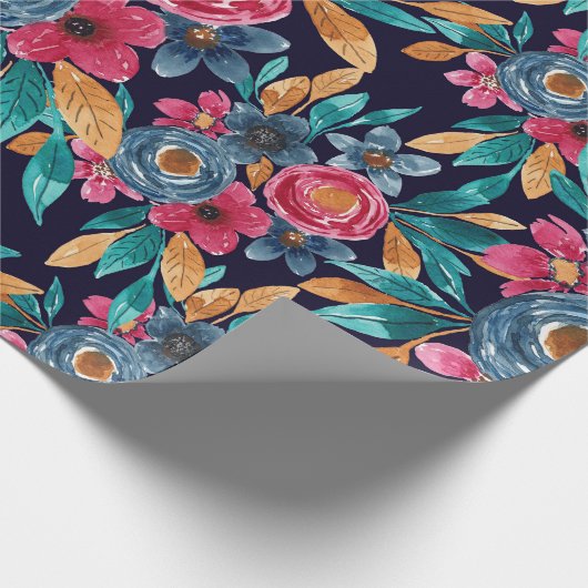 Berry Red Navy Mustard Waterverf Flowers Art Cadeaupapier (Hoek)