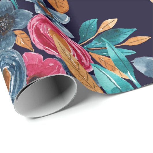 Berry Red Navy Mustard Waterverf Flowers Art Cadeaupapier (Rol Hoek)