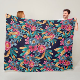 Berry Red Navy Mustard Waterverf Flowers Art Fleece Deken