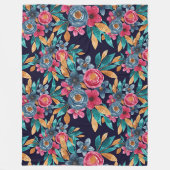 Berry Red Navy Mustard Waterverf Flowers Art Fleece Deken (Voorkant)