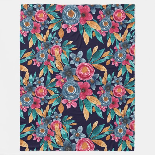 Berry Red Navy Mustard Waterverf Flowers Art Fleece Deken (Voorkant)