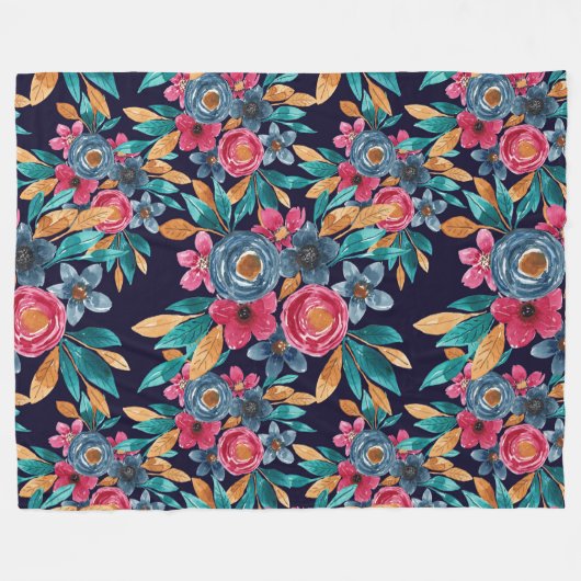 Berry Red Navy Mustard Waterverf Flowers Art Fleece Deken (Voorkant (Horizontaal))