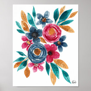 Berry Red Navy Mustard Waterverf Flowers Art Poster