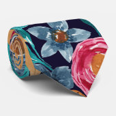 Berry Red Navy Mustard Waterverf Flowers Art Stropdas (Opgerold)