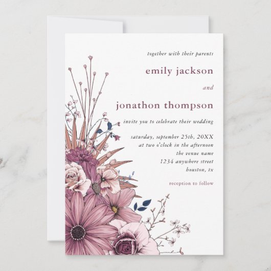 Berry Rood Roze Waterverf Bloemen Foliage Bruiloft Kaart (Voorkant)