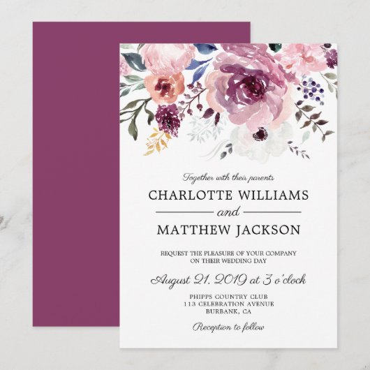 Berry roze Roses Floral Wedding Kaart (Voorkant / Achterkant)