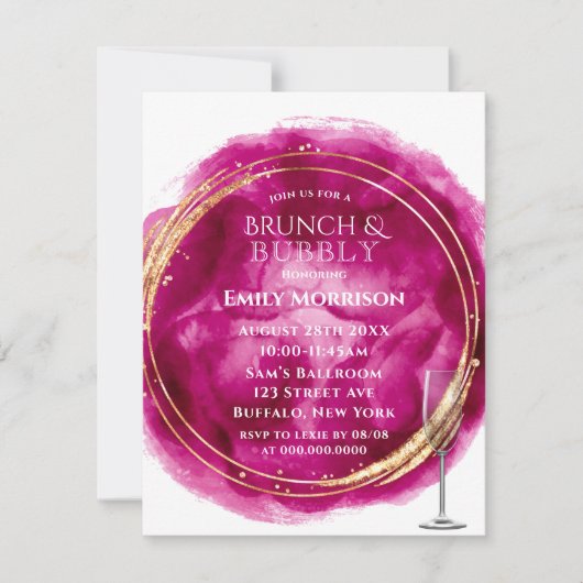 Berry roze Waterverf Gold Brunch & Bubble Invites Kaart (Voorkant)