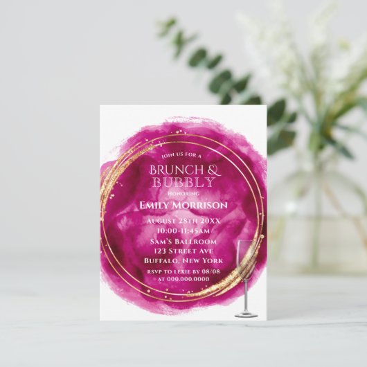 Berry roze Waterverf Gold Brunch & Bubble Invites Kaart (Staand voorkant)