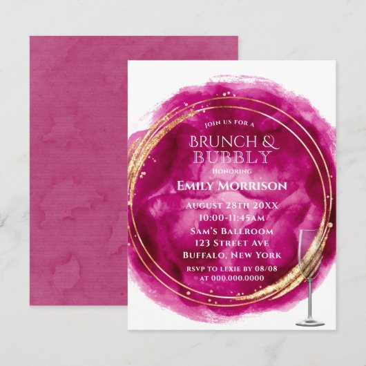 Berry roze Waterverf Gold Brunch & Bubble Invites Kaart (Voorkant / Achterkant)