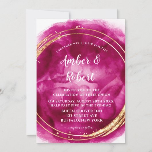 Berry roze Waterverf Gold Wedding Invitations (Voorkant)