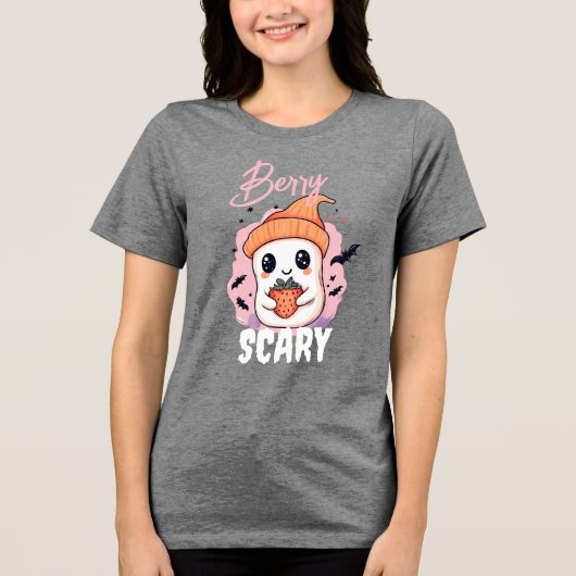 Berry Scary Cute Ghost with Strawberry Tri-Blend Shirt (Voorkant)
